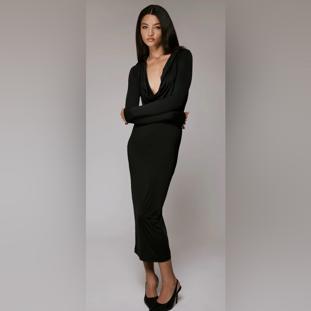Bardot Plunging Black Long Sleeve Dress